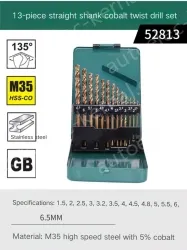 Set of 13 straight shanks containing cobalt twist drills