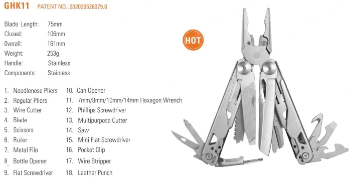 GHK11 Multi-function pliers, stainless steel, multi-function wrench, emergency rescue, folding combination tool